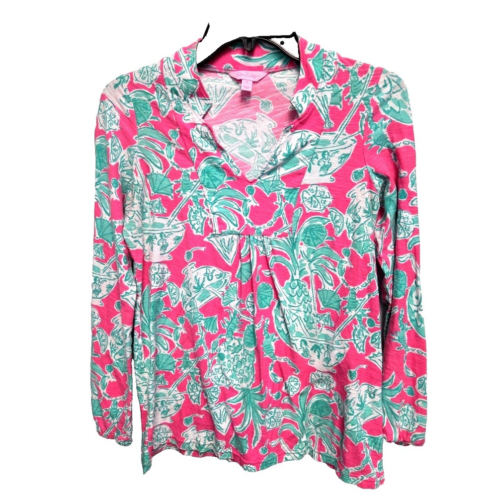 Lilly‎ Pulitzer Top Blouse Tunic Womens Pink Graphic Size Small Cotton Colorful